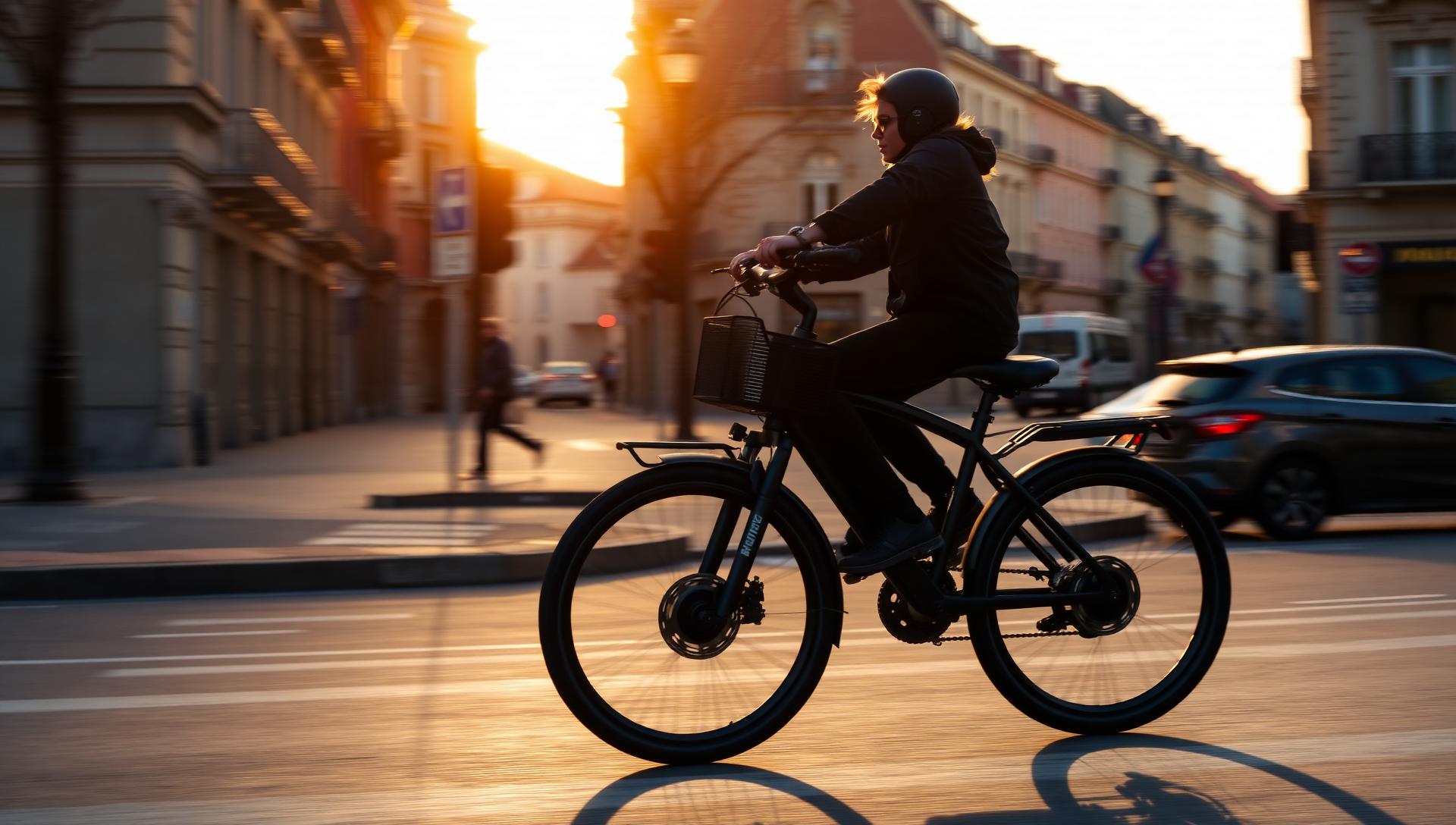 Rider on a premium electric commuter bike at sunset